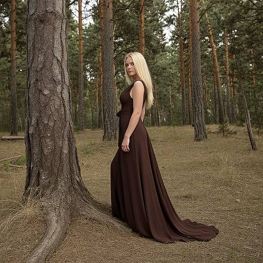 Blonde woman in a long black gown stands beside a tall tree in a pine forest, looking back with a serious expression. Photorealistic CGI image
