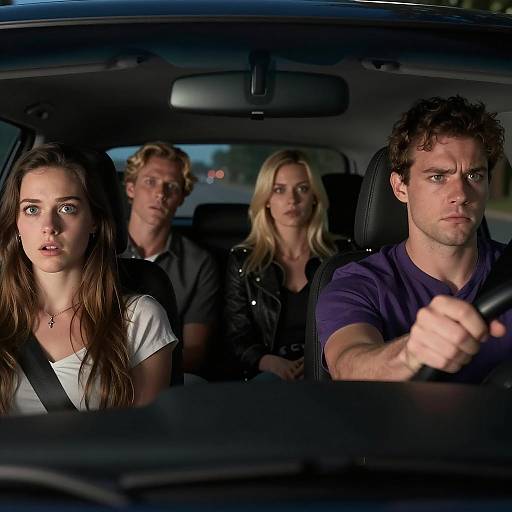 Four Young Adults in Car at Night