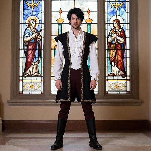 Photograph of a dark-haired man in white shirt and black vest, standing before colorful stained glass windows depicting saints.