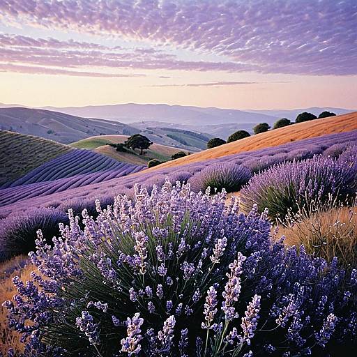 Lavender Fields in Rolling Hills at Sunset