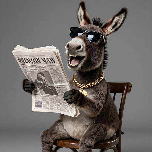 Photograph of a CGI donkey in black sunglasses, gold chain, and white paper, seated on a wooden chair, reading a newspaper against a gray