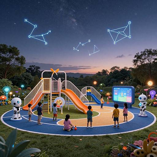 Photograph of a twilight playground with glowing constellation display, colorful play equipment, children playing, illuminated signs, and cartoon robot statues.