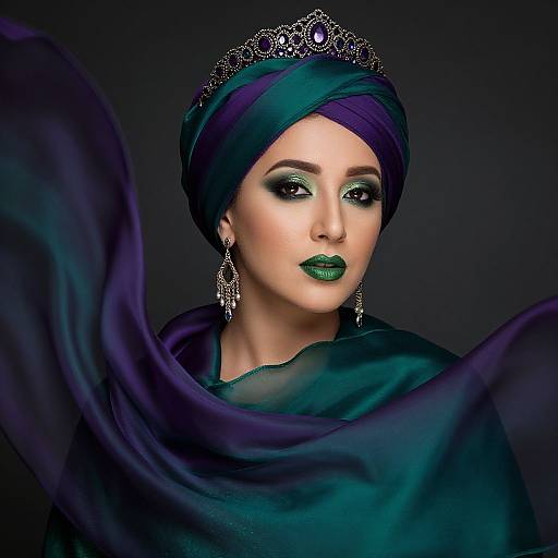 Photograph-style digital portrait of a regal woman with dark purple headscarf, green lipstick, silver tiara, and matching earrings, draped in