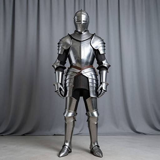 Photograph of a full-armored knight in shiny silver steel plate armor, standing in front of a gray fabric backdrop.