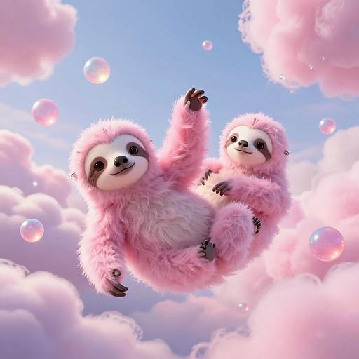 Digital artwork of two fluffy pink sloths floating in a bright blue sky filled with pink clouds and transparent bubbles.