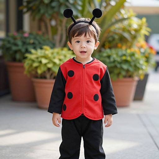 Photograph of a cute toddler boy with brown hair, wearing a red and black Ladybug costume with black polka dots, black pants, and black