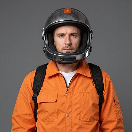 Photograph of a serious-looking man in an orange prison jumpsuit and black helmet with a clear visor, against a gray background.