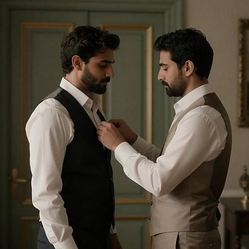 Two men adjusting vests in dimly lit room