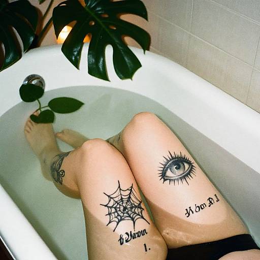 Tattooed legs in white bathtub with water, black spiderweb, eye, and script tattoos, green plant leaves in background. Photographic image