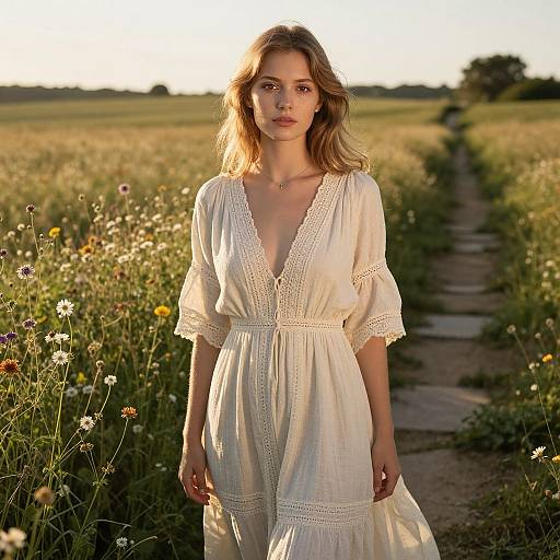 Young Woman in Sunlit Countryside Meadow