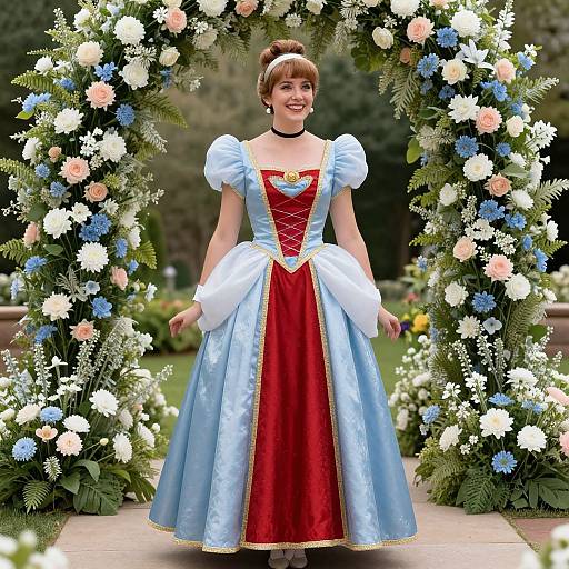Photograph of a smiling woman in a blue and red Disney Princess-style dress, standing under a floral archway with white, blue, and pink flowers