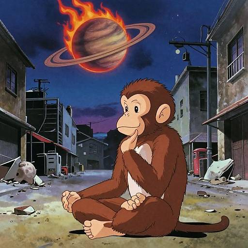 Anime Monkey Meditating on City Street