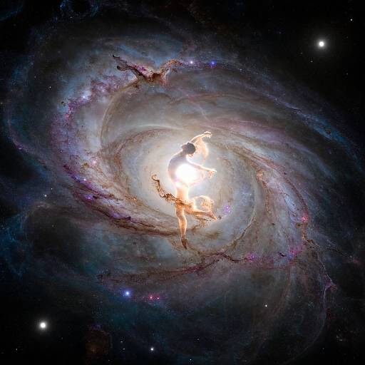 Photograph of a swirling galaxy with a bright, glowing core and colorful nebulae, set against a dark, star-speckled cosmos.