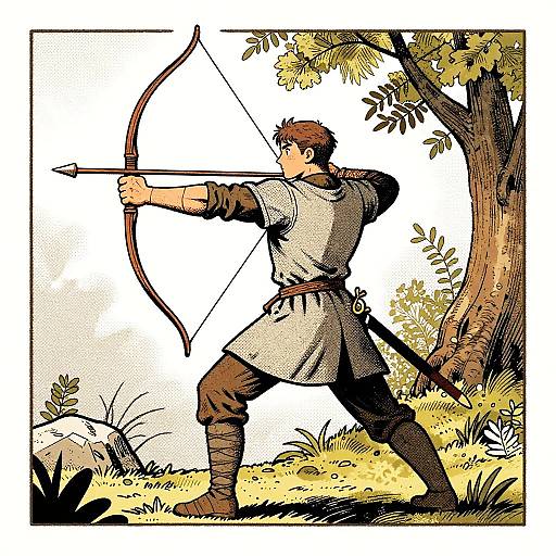 Colorful comic-style drawing of a young man in medieval attire, drawing a bow in a forest with trees and grass.