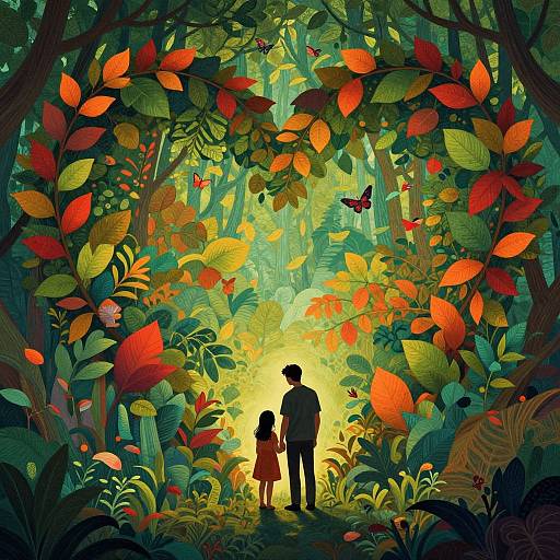 Digital illustration of a vibrant, colorful forest with a silhouetted man and child standing at the center, surrounded by glowing leaves, butterflies, and