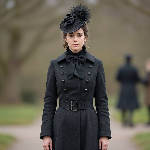 Photograph of a serious young woman in a black, double-breasted coat with bow tie, black hat with feather, standing on a pathway in a