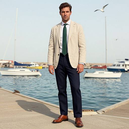 Photograph of a handsome, bearded man in a beige blazer, white shirt, green tie, and dark pants, standing on a dock with