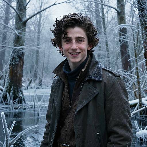Photograph of a smiling young man with curly brown hair, wearing a dark jacket, standing in a snow-covered forest.