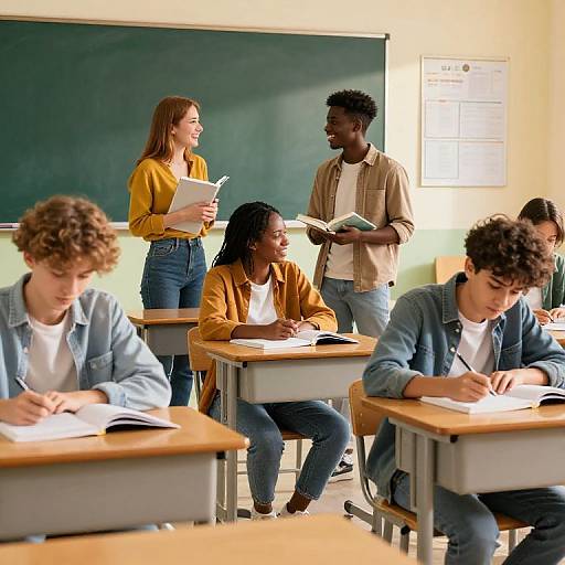 Photograph of diverse college students in classroom, four seated at desks writing, two standing, one black woman in yellow shirt holding papers, one black man