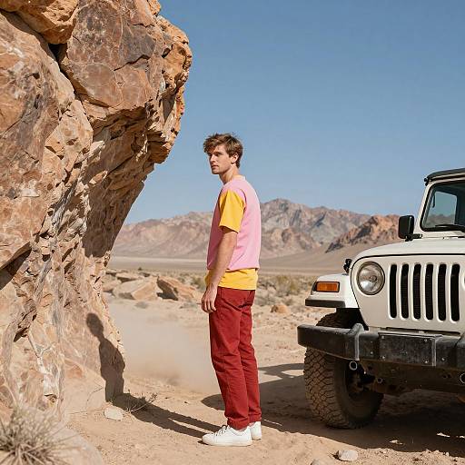 Man in Colorful Outfit in Desert Scene
