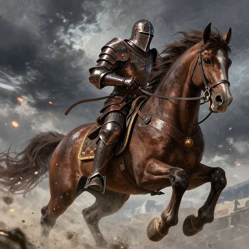 Digital artwork of a armored knight riding a powerful brown horse, galloping through a stormy, battle-scarred landscape with debris flying.