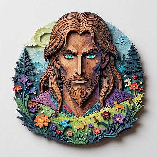 Digital artwork of a bearded man with long brown hair, intense blue eyes, surrounded by colorful flowers and pine trees under a yellow moon.