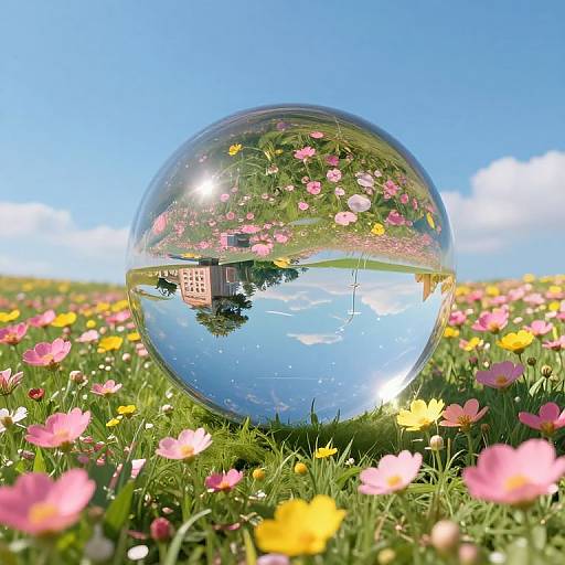 Photograph of a clear glass sphere on a vibrant flower field, reflecting a building, blue sky, and fluffy clouds. Bright colors, vivid reflection.