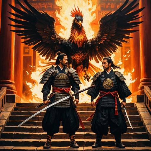 Samurai and Feathered Phoenix on Temple Stairs