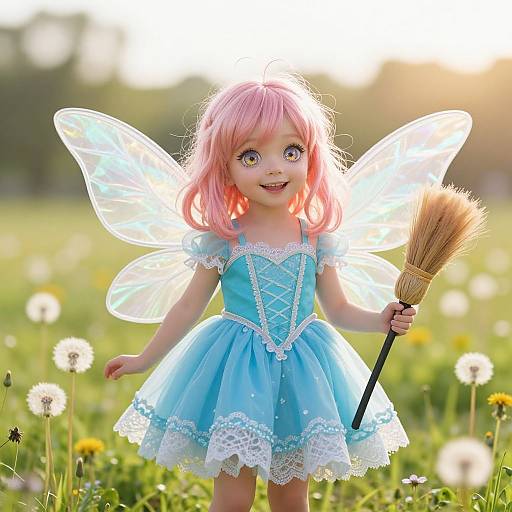 Photograph of a cute little girl with pink hair, blue fairy dress, translucent wings, holding a broom, in a sunny meadow.