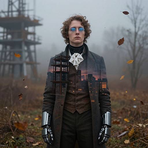 Photograph of a curly-haired man in a cityscape-patterned black coat, reflective sunglasses, white bowtie, and metallic gloves, standing in a
