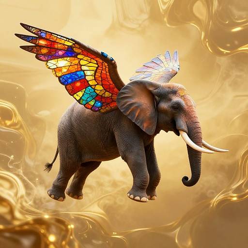 Digital artwork of a fantasy elephant with colorful stained-glass wings, floating in a golden, swirling background. Vibrant, whimsical, and magical.