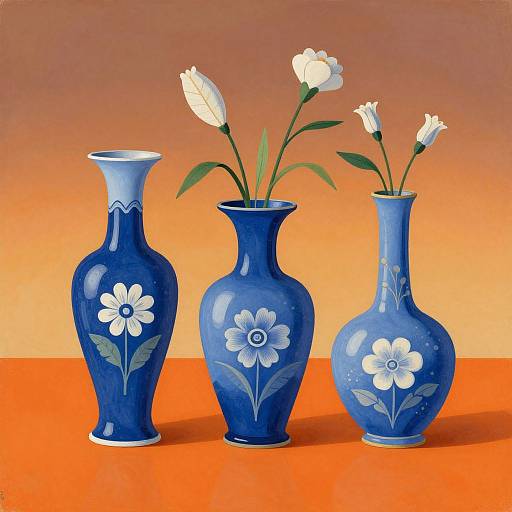 Photograph of three blue ceramic vases with white flower designs, each holding white tulips, against an orange gradient background.