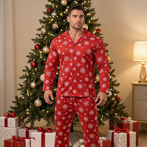 Man in Red Snowflake Pajamas by Christmas Tree