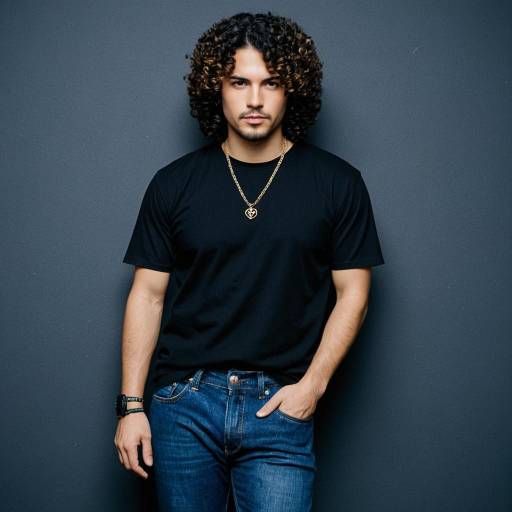 Confident man with curly hair in black shirt and jeans