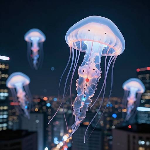 Photograph of glowing jellyfish with white, translucent bodies and pink accents floating in a nighttime cityscape, surrounded by blurred, colorful skyscrapers.