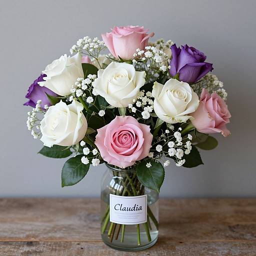 Photograph of a bouquet in a glass jar, featuring pink, white, and purple roses, white baby's breath, and green leaves, labeled 