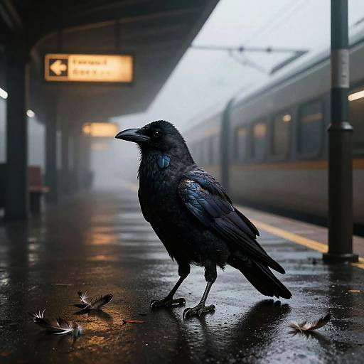 Photograph of a dark, wet-feathered crow standing on a foggy, rainy train platform, surrounded by scattered feathers, with a blurred train