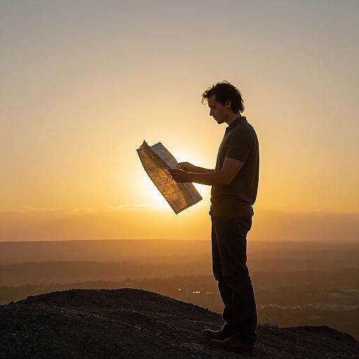 Silhouetted man with curly hair, holding a map, stands on rocky hilltop at sunset, gazing at the horizon. Photographic image