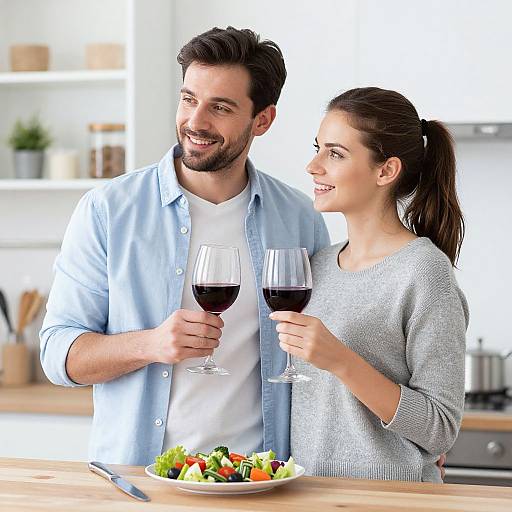 Photograph of a smiling bearded man and woman with brown hair, both holding glasses of red wine, standing in a bright kitchen with a colorful salad
