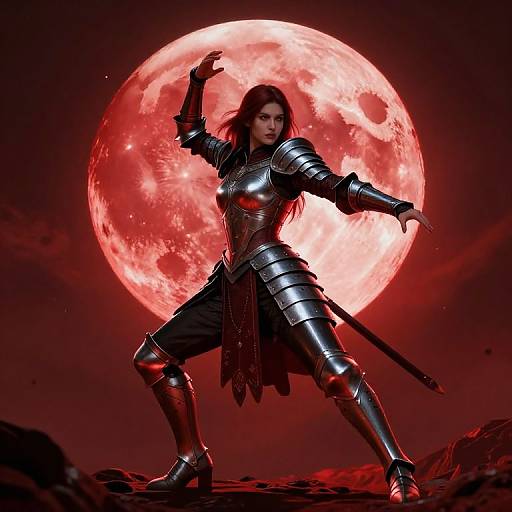 Digital artwork of a fierce, dark-haired woman in silver armor, sword in hand, standing before a glowing red full moon.