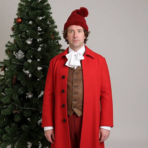 Photograph of a Caucasian man in a red 18th-century coat, brown vest, white cravat, and red beanie, standing in