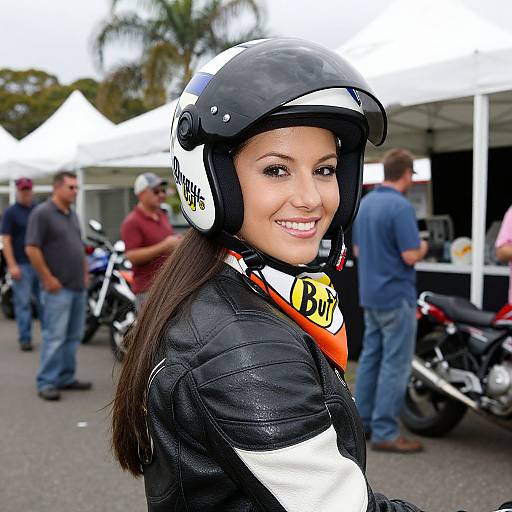 Photograph of smiling Latina woman with long brown hair in black leather jacket and white/black helmet at motorcycle event, background shows white tents and people.