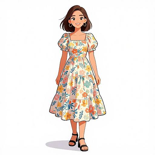 Digital illustration of a smiling woman with light skin, brown shoulder-length hair, wearing a floral dress, puffed sleeves, and black sandals.