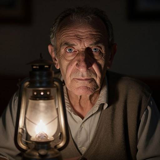 Photograph of an elderly man with wrinkled skin, blue eyes, and grey hair, illuminated by a glowing lantern, wearing a brown vest over a