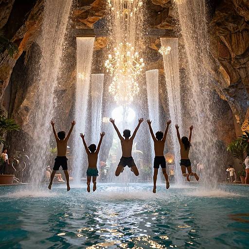 Photograph of four shirtless boys in blue swim trunks jumping joyfully into a cascading waterfall pool, surrounded by rocky walls.