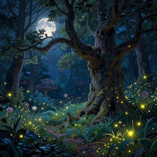 Magical night forest scene with glowing fireflies, a large twisted tree, a butterfly, and a full moon illuminating the dense, enchanted woods.