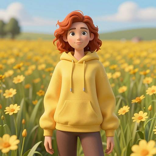 Red-haired Woman in Yellow Hoodie in Flower Field