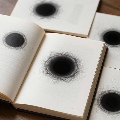 Photograph of several open books with circular black ink stains on white pages, arranged on a wooden surface.