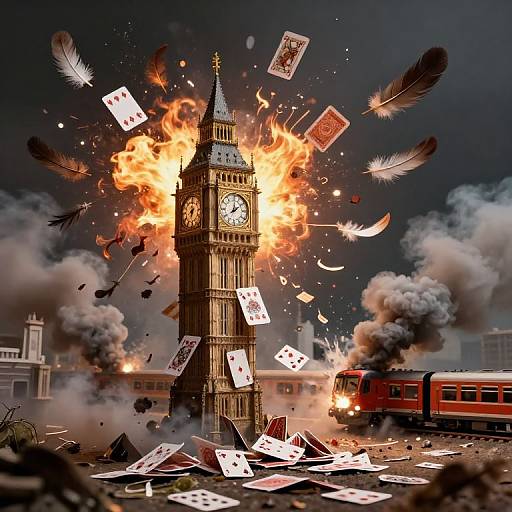 Photograph-like digital art: London's Big Ben engulfed in flames, surrounded by exploding playing cards, feathers, and smoke, with a red train