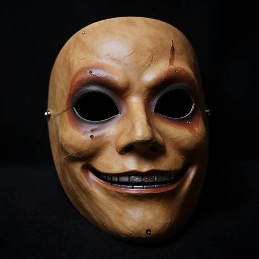 Photograph of a creepy, tan, paper-mache mask with large black eye holes, a wide black-toothed grin, and red eye makeup